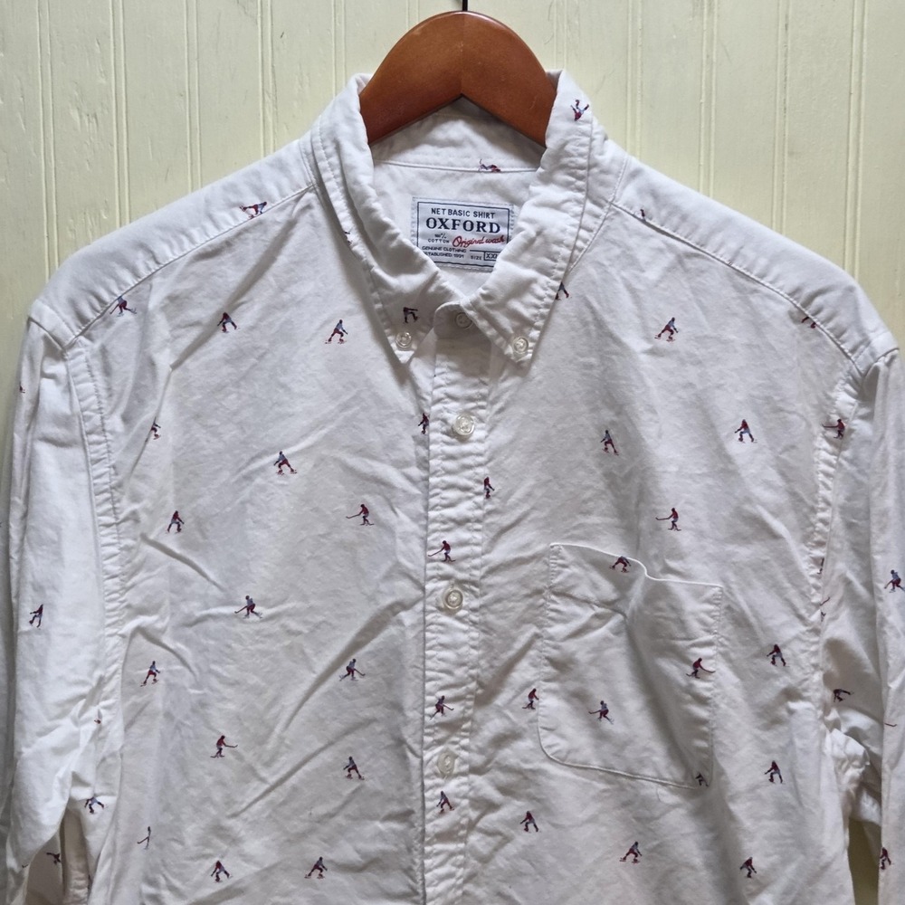 Oxford Shirt‎ Mens 2XL White Ski Print Long Sleeve Button Down Cotton Casual
